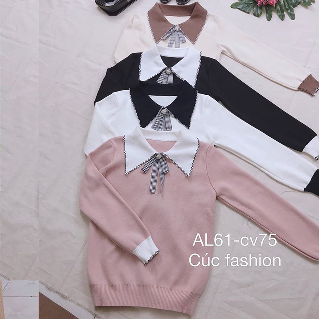 Áo len nữ cổ nơ cao cấp xinh Cúc Fashion L32 áo len cổ nhọn viền đen | BigBuy360 - bigbuy360.vn