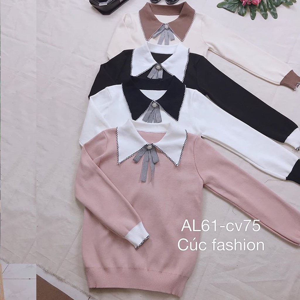Áo len nữ cổ nơ cao cấp xinh Cúc Fashion L32 áo len cổ nhọn viền đen
