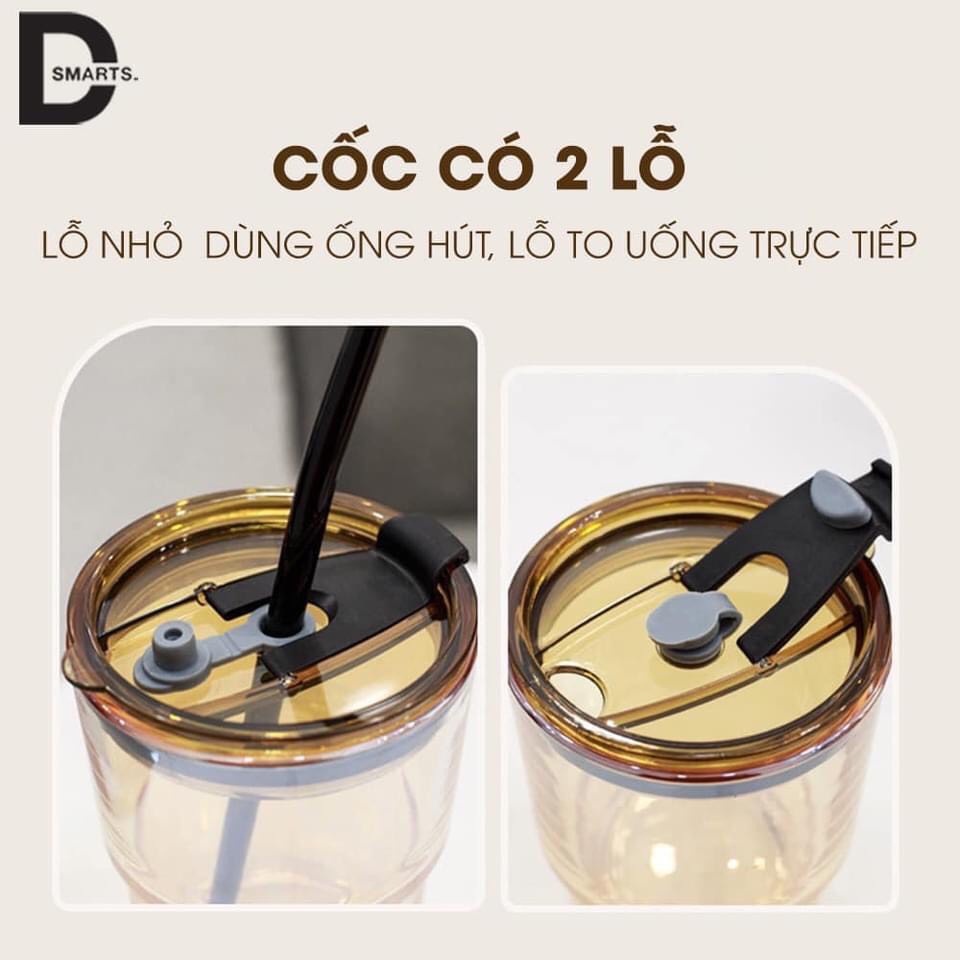 [ Hàng Loại 1 ] Cốc Thủy Tinh Bọc Da Sang Trọng 450ML - TẶNG Kèm Ống Hút Và Nắp Chống Tràn