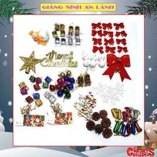 Bộ phụ kiện trang trí cây thông noel, giáng sinh có quả châu noel, thiệp giáng sinh và nhiều đồ trang trí khác