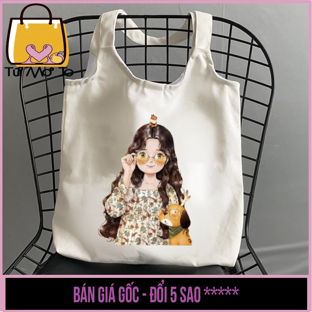 Túi tote vải canvas trắng có khóa kéo in hình CÔ GÁI ĐEO KÍNH - Túi Mơ To store