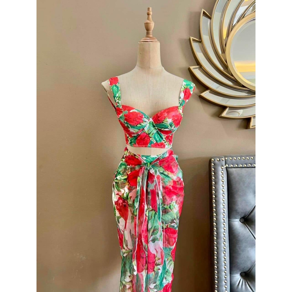 Bikini Nữ Hai Mảnh ComBo 3 Món, Đồ Bơi Đi Biển Hai Mảnh Kèm Khăn Voan Họa Tiết Sang Đẹp Binsports BHV165 Hoa Hồng