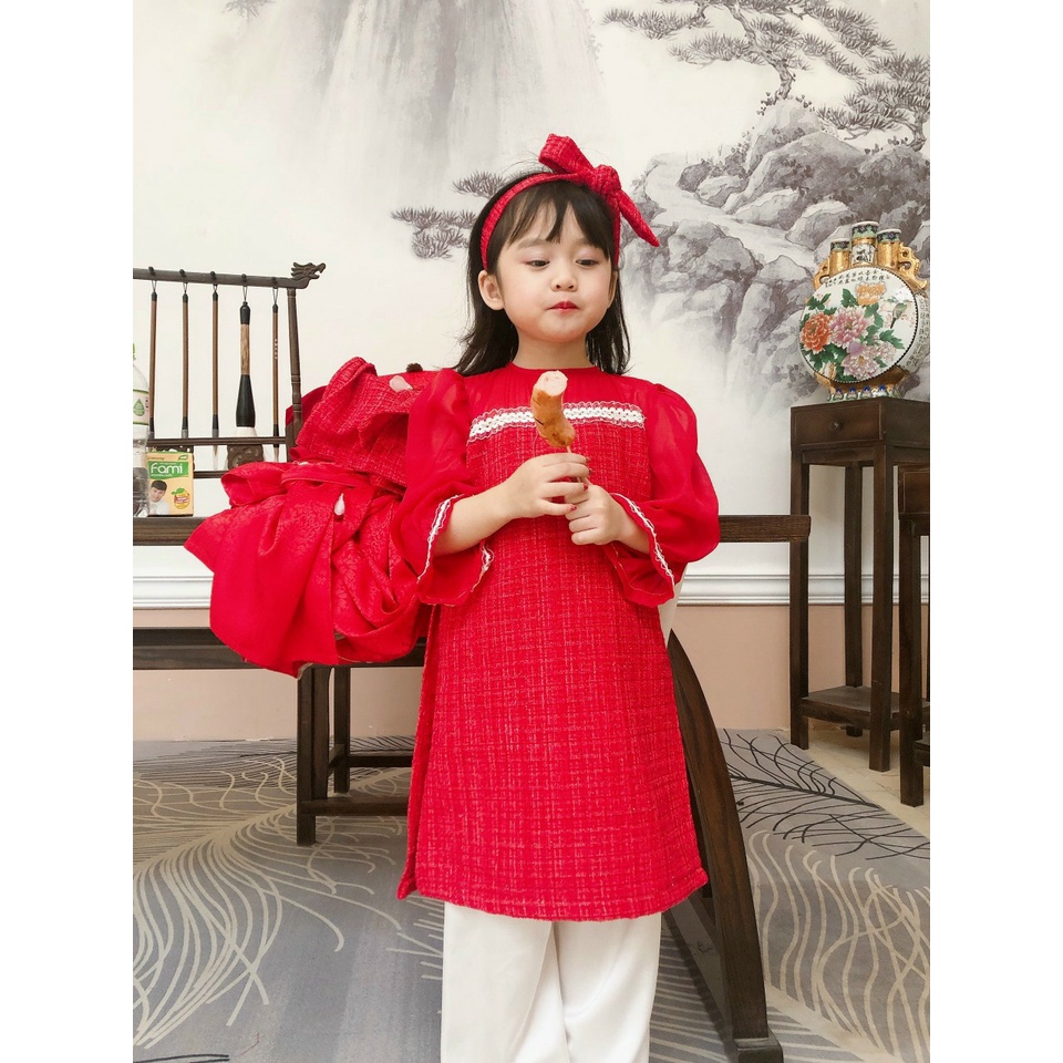 Áo Dài Trẻ Em Bé Gái Sẵn 2 Màu Đỏ - Hồng Cho Bé Từ 8kg đến 29kg Dạ Twiss MON