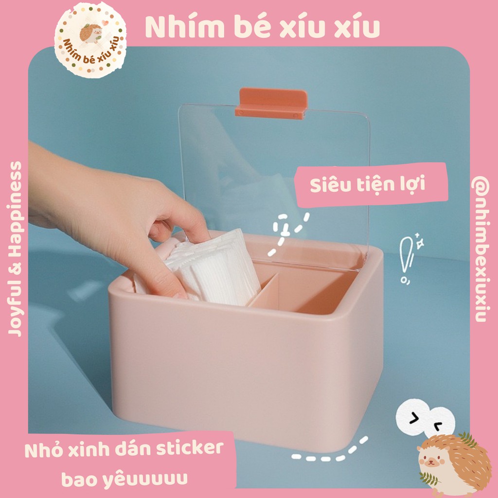 [KÈM STICKER] Hộp nhựa 2 ngăn có nắp đậy để bông tẩy trang, bông tăm, mút trang điểm tiện lợi TN85