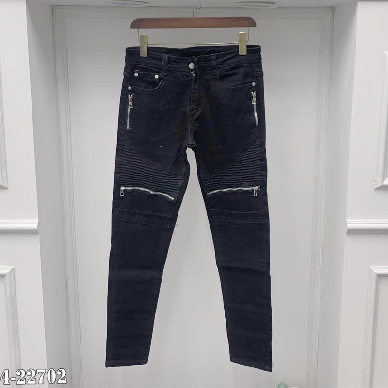 Quần Jean Nam Đen Thêu Khoá Zip Ngang Dọc Vải Nhăn Cực Đẹp