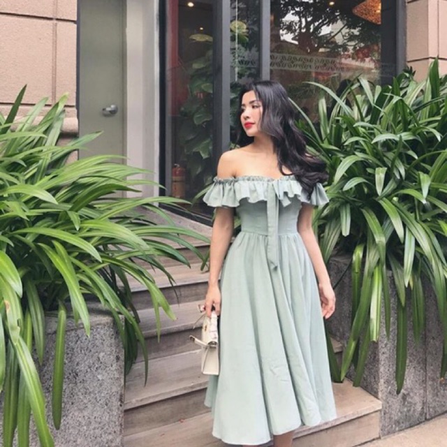 Đầm maxi bèo ngực trễ vai tone xanh nhẹ nhàng nữ tính
