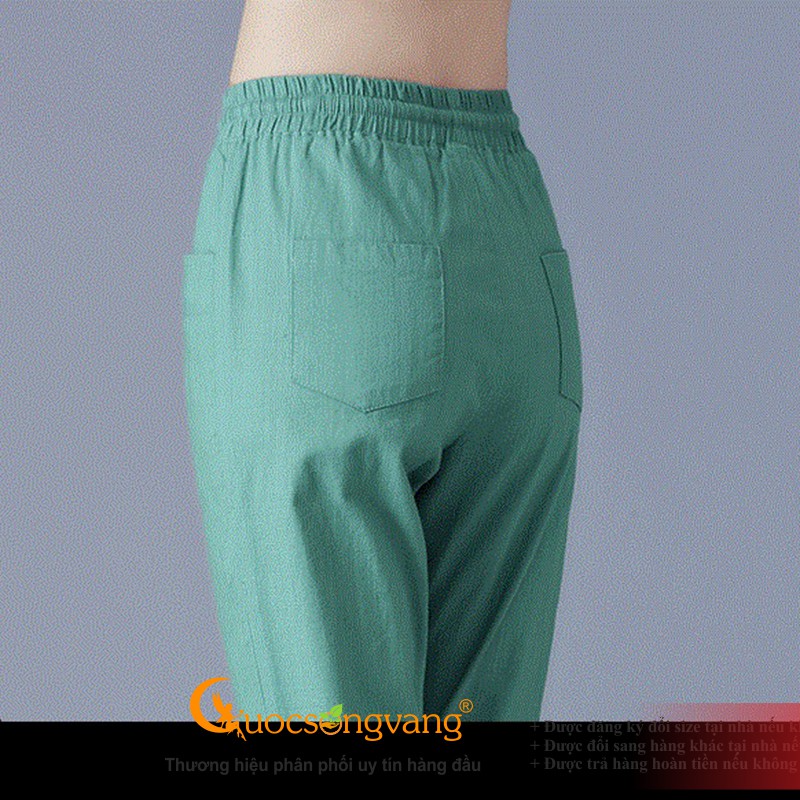 Quần nữ ống lỡ vải gai lưng cao quần harem nữ ống lỡ màu xanh lá GLQ083 Cuocsongvang
