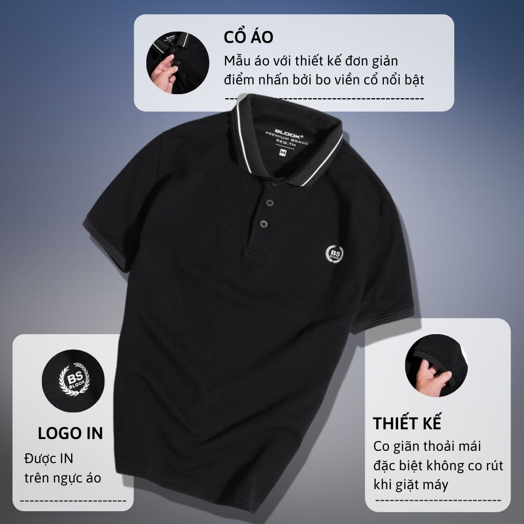 Áo polo nam premium BLOOK Vải thun gân cá sấu màu Đen in logo BS sang trọng mã 33291 (HÌNH THẬT)