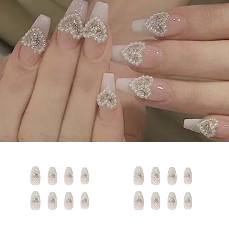 Bộ Móng Tay Giả Bằng Acrylic Màu Gradient Đính Nơ Và Ngọc Trai Xinh Xắn
