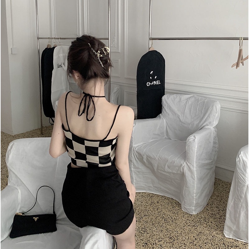 QKOOLE  Áo Hai Dây Họa Tiết Sọc Caro Phong Cách Hàn Quốc Thời Trang Cho Nữ