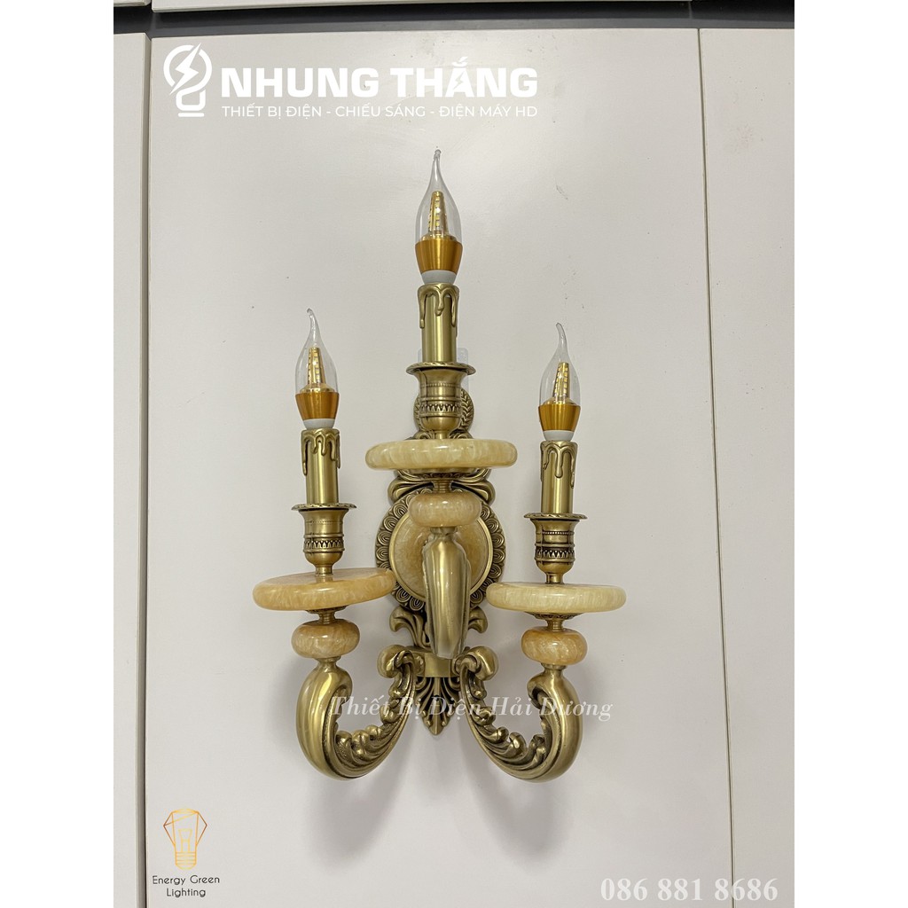 Đèn Tường Nến Đồng Đá Cổ Điển Cao Cấp 8852-3 - Đèn Trang Trí Phòng Khách,Phòng Thờ - Tặng Kèm 3 Bóng Led - Bảo Hành 1Năm