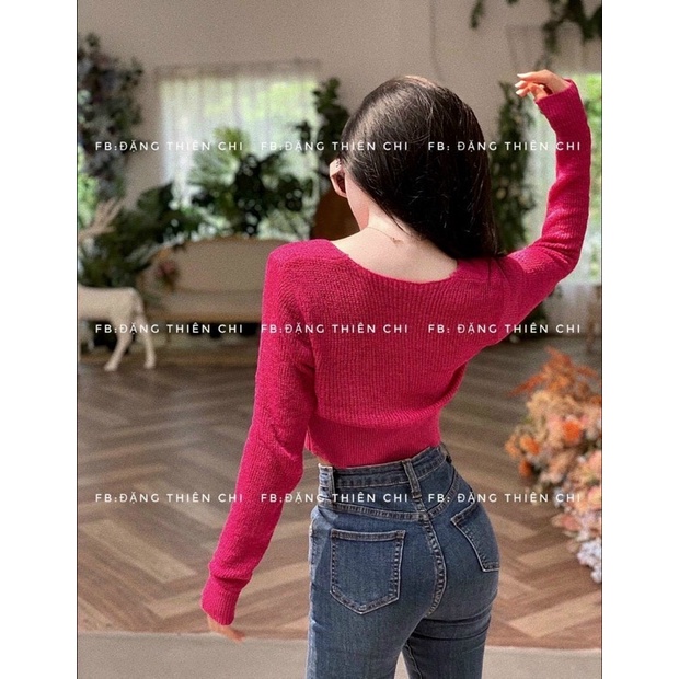 ÁO LEN CỔ VUÔNG KHUY DỌC DÀI TAY DÁNG NGẮN SEXY MS11672 (i2-5)