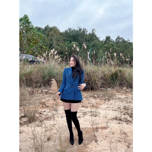 Áo Zara Áo khoác dạ tweed blazer xanh navy Zara xuất A085