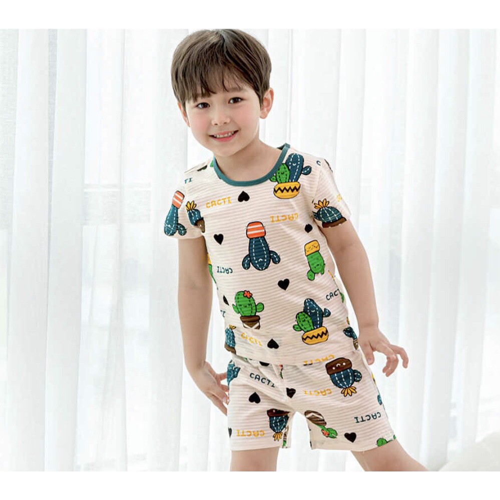 (100) Bộ hè cotton giấy xuất Hàn mặc nhà bé trai bé gái hoạ tiết xương rồng