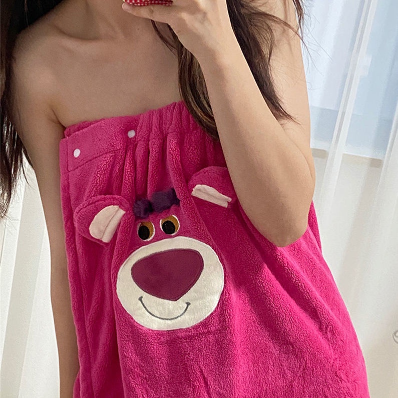 Khăn Tắm Dạng Váy Quấn Thấm Hút Nước Nhanh Khô Không Trơn Họa Tiết Gấu Dễ Thương Cho Nữ
