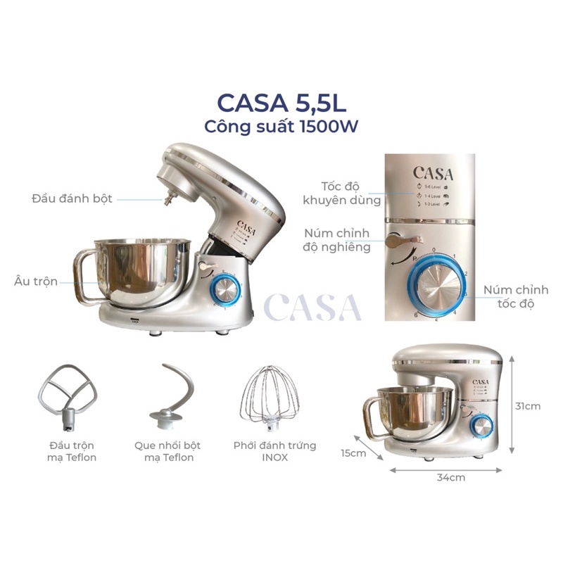 Máy trộn bột CASA màu bạc 5.5 lít 1500w, hàng xuất Đức, Anh, Mỹ