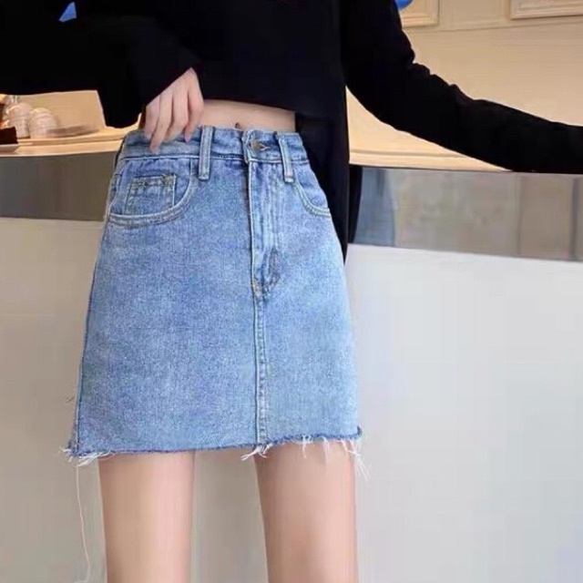 Chân Váy Jean Cạp Cao Tua Gấu_Kèm Quần Trong_T11