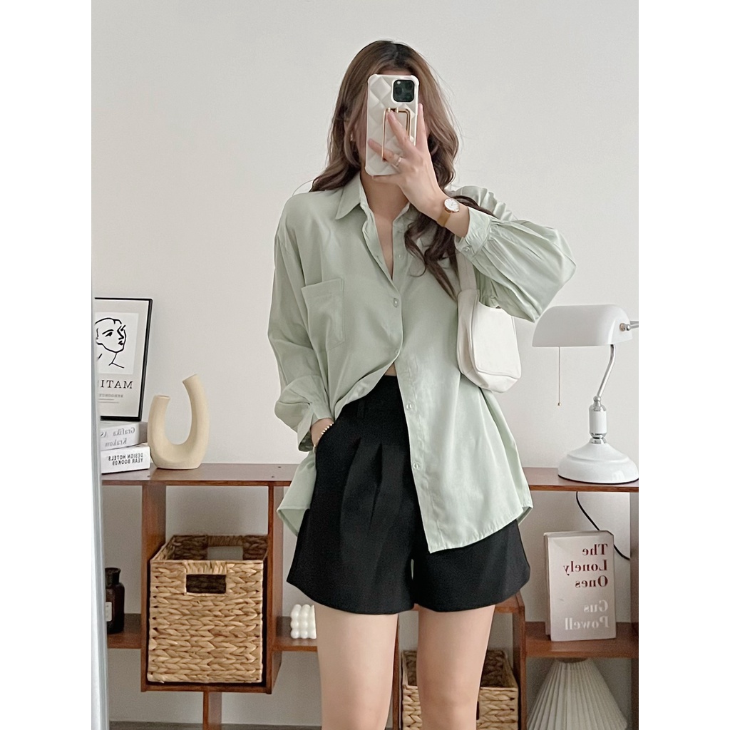 ÁO SƠ MI TRẮNG LỤA HÀN ULZZANG BASIC DÁNG RỘNG TAY BỒNG TRƠN