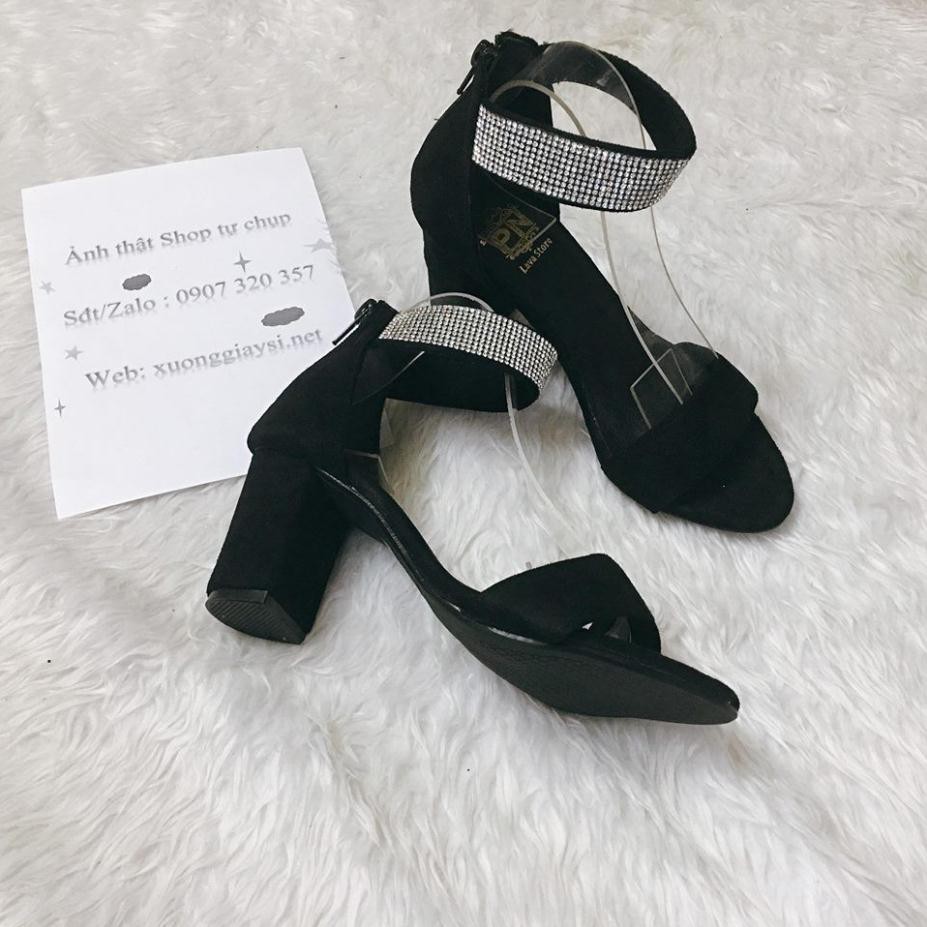Giày cao gót, giày sandal cao gót vuông 7p quai ngang cổ kim tuyến - SD53