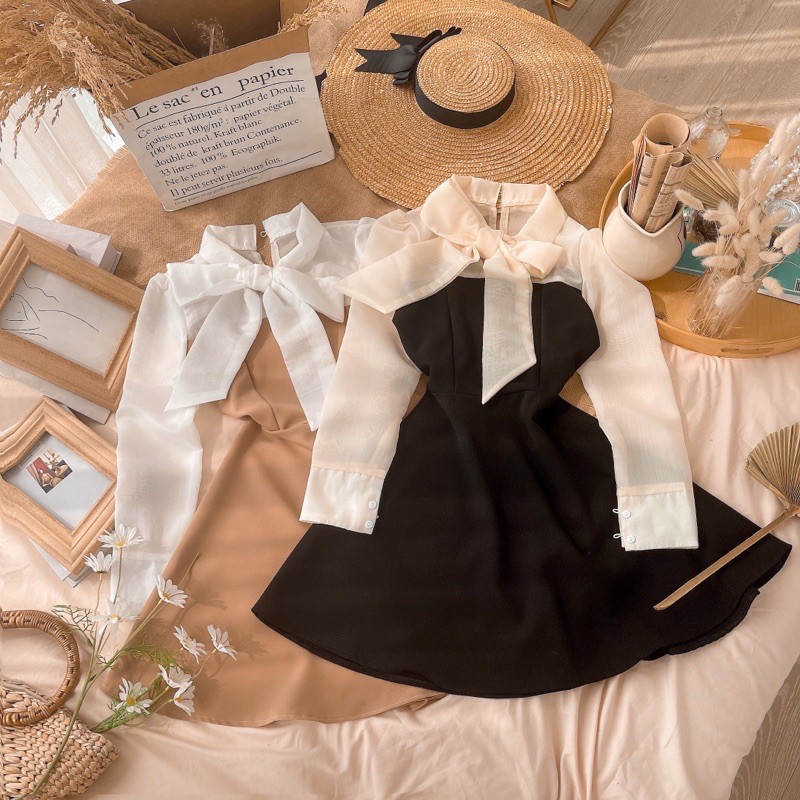 ĐẦM PHỐI ĐEN - KEM THẮT NƠ |hình thật chụp sàn|