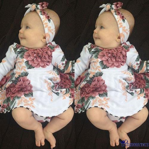 ❤XZQ-Newborn Baby Girls Long Sleeve Floral Dress Headband 2PCS Outfits Kids Clothes
