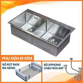 Chậu rửa chén bát đúc liền khối inox 304 tặng kèm rổ đa năng và bộ xả chống hôi ( 82cm x 45cm) 7002