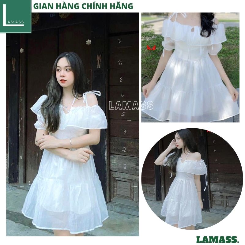 Váy công chúa trễ vai buộ nơ cực xinh kiểu dáng hàn quốc đầm dực tiệc tiểu thư dễ thương -LAMASS