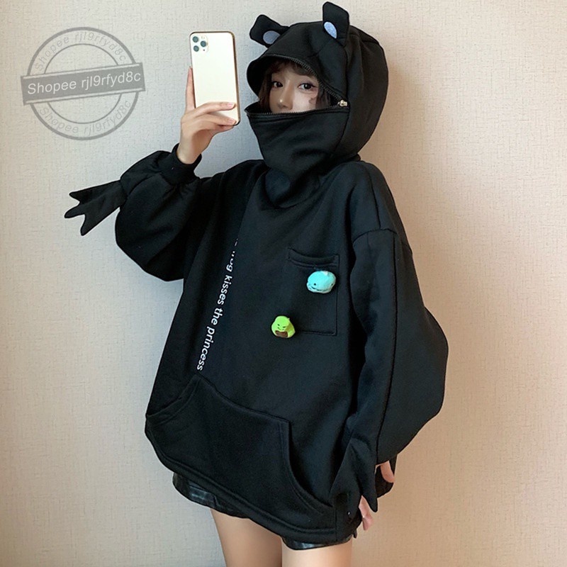 Áo Khoác Hoodie Chui Đầu Cỡ Lớn Phối Lông Cừu Chui Đầu Hình Chú Ếch Xanh Lá Phong Cách Hàn Quốc Dễ Thương