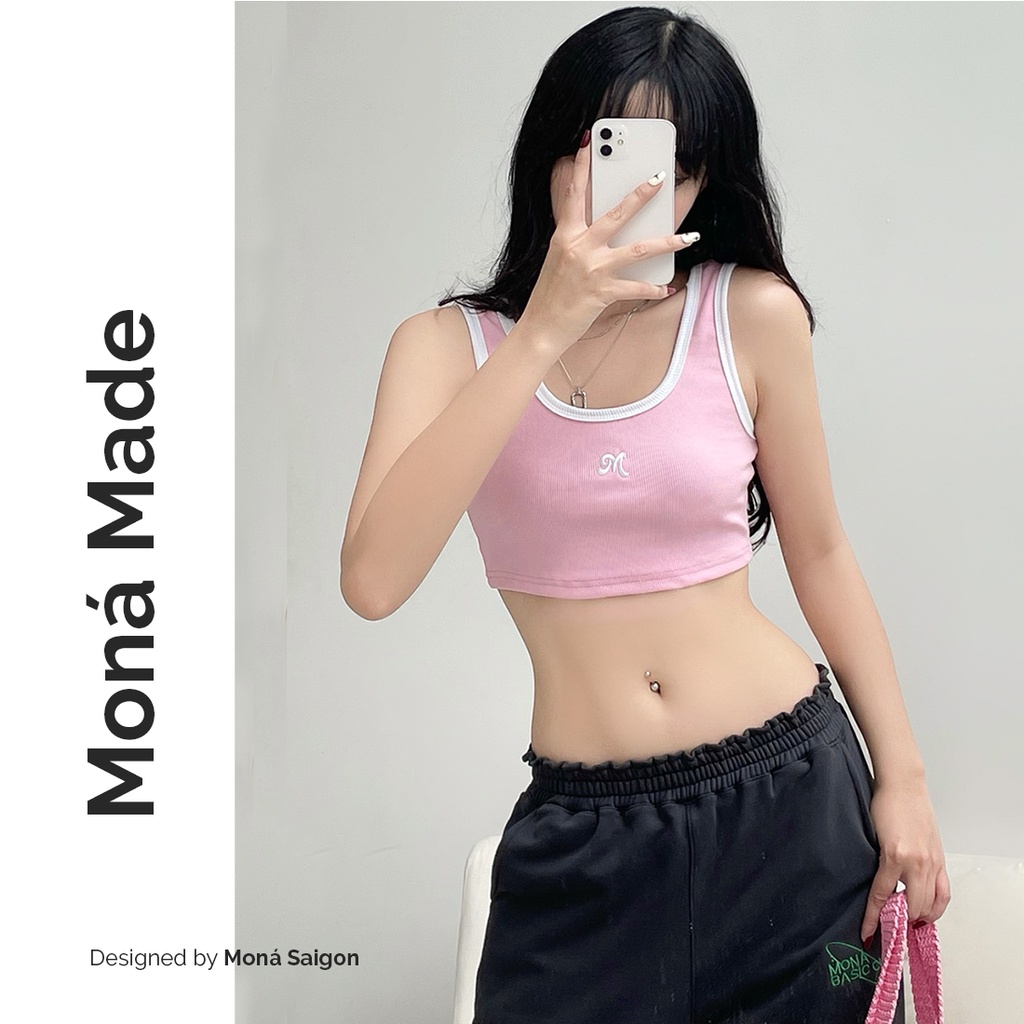 MONÁ - Áo croptop thun gân co giãn - KABI CROPTOP XÁM/HỒNG NHẠT