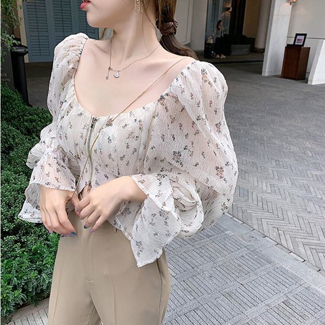 Áo voan hoa trễ vai cổ vuông tay phồng thời trang cho nữ 2021