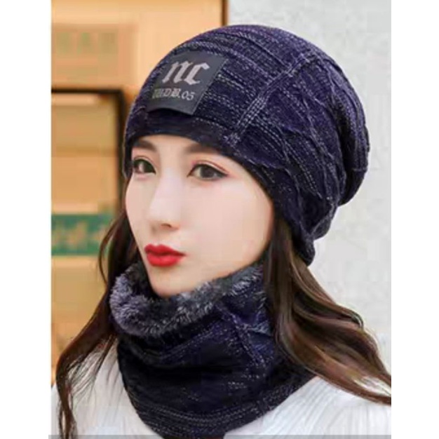 Nón len nữ mũ giữ ấm tặng kèm khăn choàng cổ y hình thời trang Hàn Quốc
