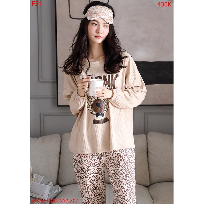 Bộ dài tay thun gân áo be quần họa tiết da báo - Micha F34