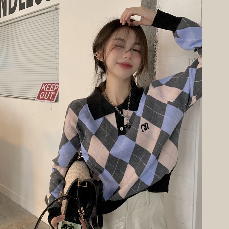 Áo len ZHELIHANGFEI dệt kim tay dài dáng rộng cổ polo họa tiết hình thoi dễ thương cho nữ