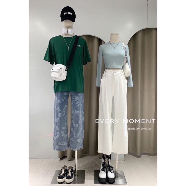 Quần jeans eo cài trắng ống suông cho nữ
