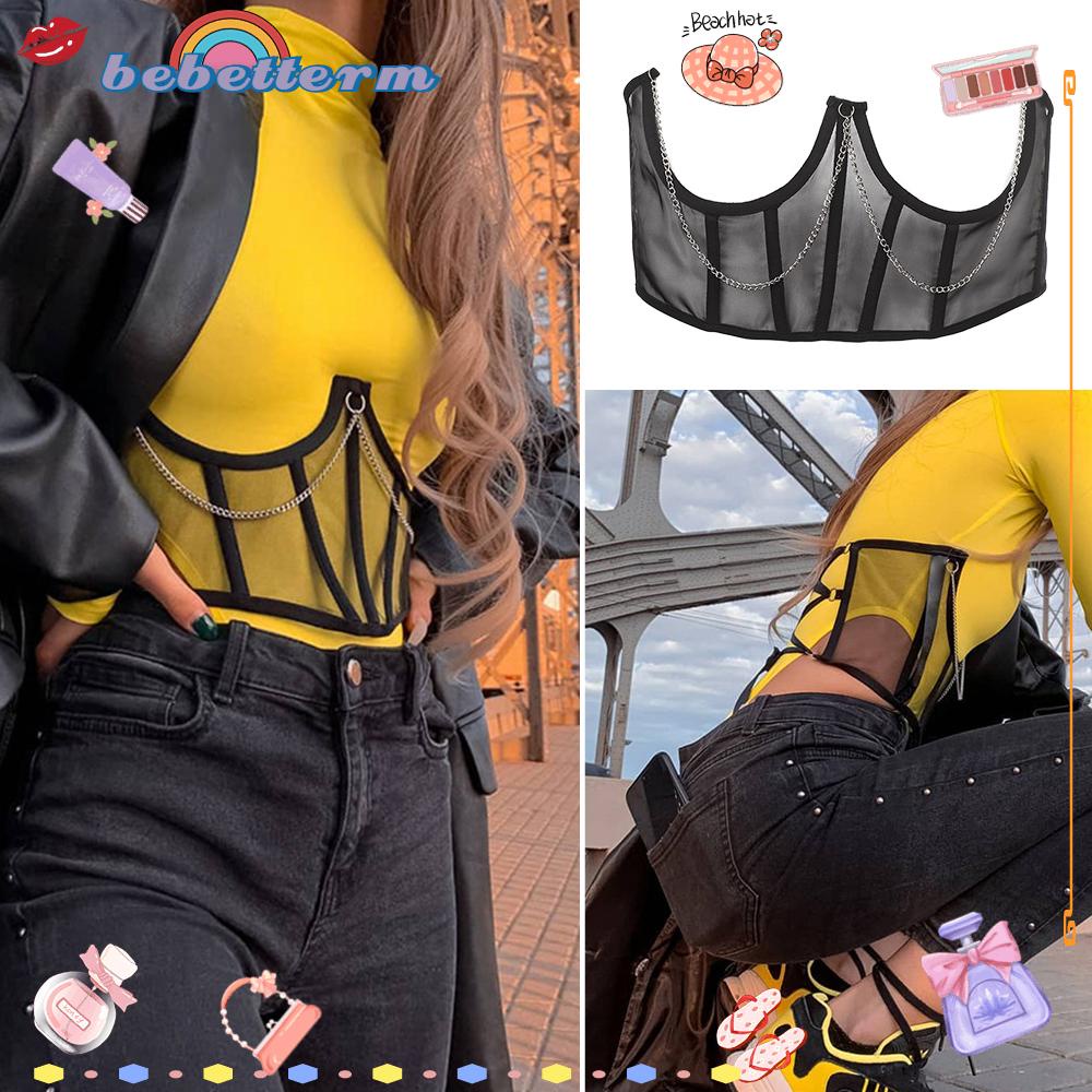Đai corset lưới xuyên thấu gắn dây xích kim loại nịt eo tạo dáng Harajuku Goth Vintage