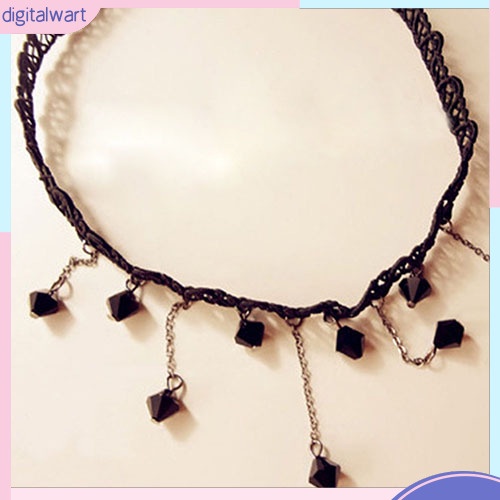 Vòng cổ choker thiết kế ren phối đá quý nhân tạo đen cá tính phong cách gothic dành cho nữ