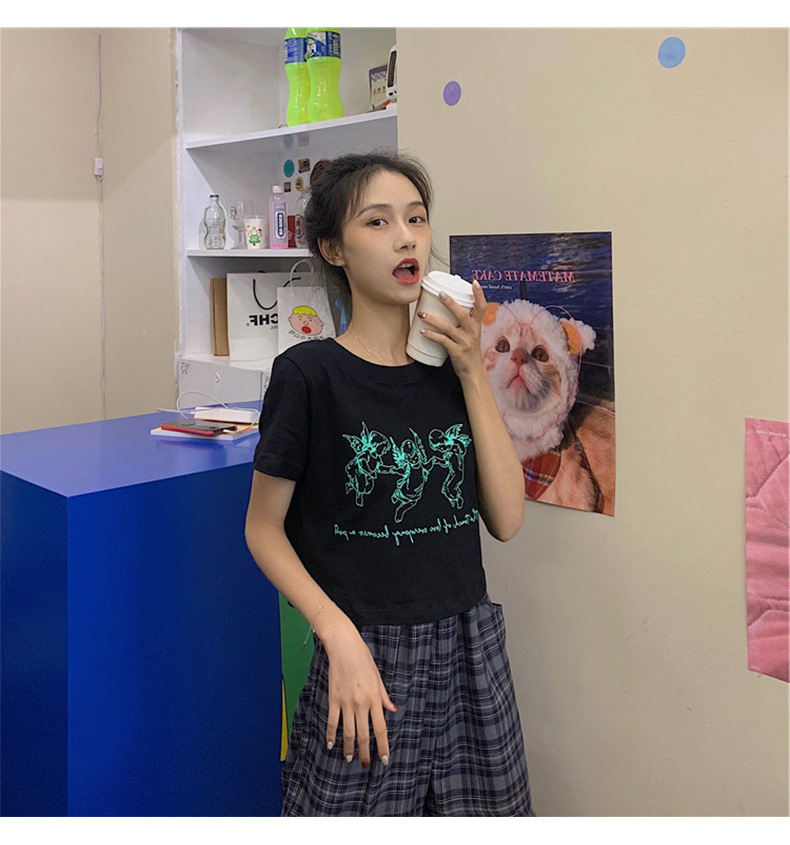 Áo Thun Croptop Cổ Tròn In Hình Thiên Thần Dễ Thương Cho Bạn Nữ