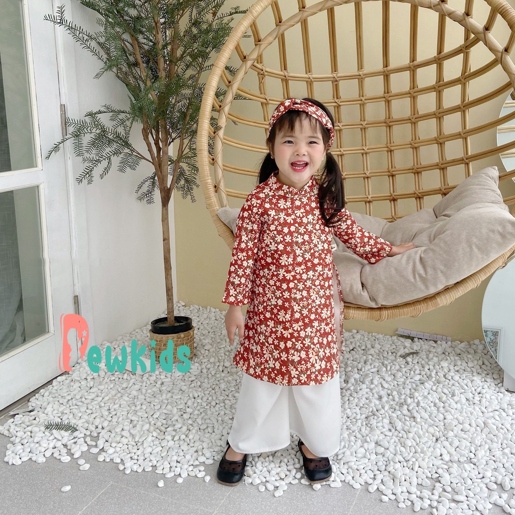 Áo dài cách tân  họa tiết hoa nhí cho bé gái từ 1-2-3-4-5-6 tuổi, chất liệu nhung text Hàn cao cấp mix quần lụa