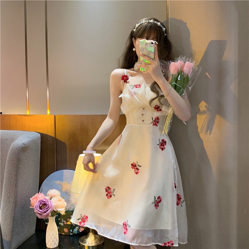 Đầm Hai Dây Dáng Chữ A Thêu Hoa Ngọt Ngào Thời Trang Mùa Hè Cho Nữ