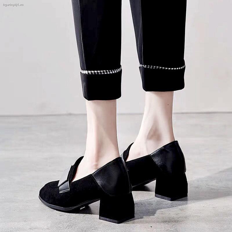 ☫○Ladies spring/summer 2021 new black high heels women retro square-toe loafers net red wild thick-heeled shoes