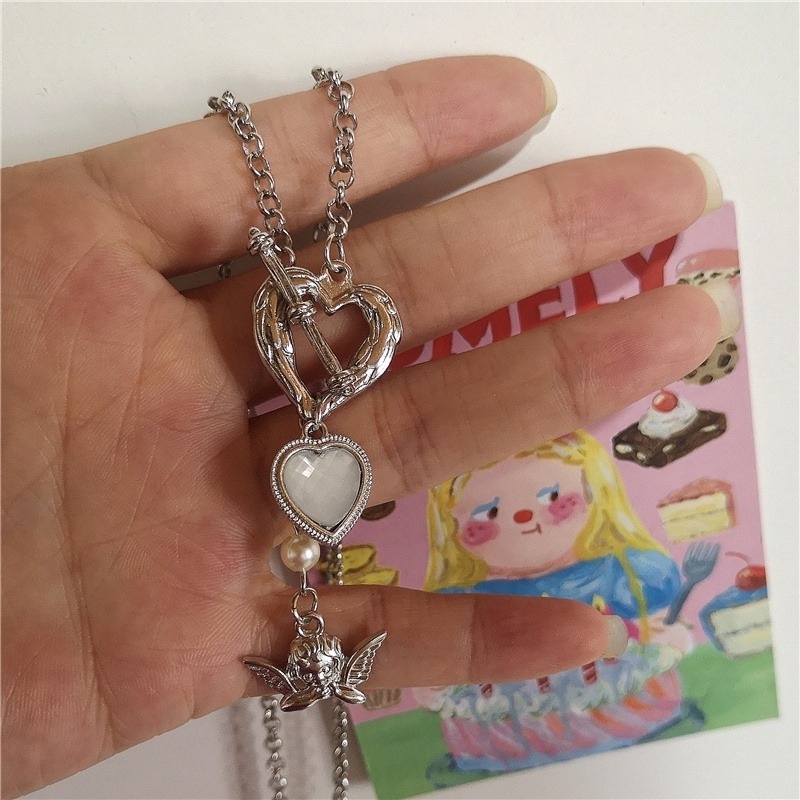 Vòng cổ AY màu bạc mặt trái tim đính ngọc trai nhân tạo thời trang xinh xắn