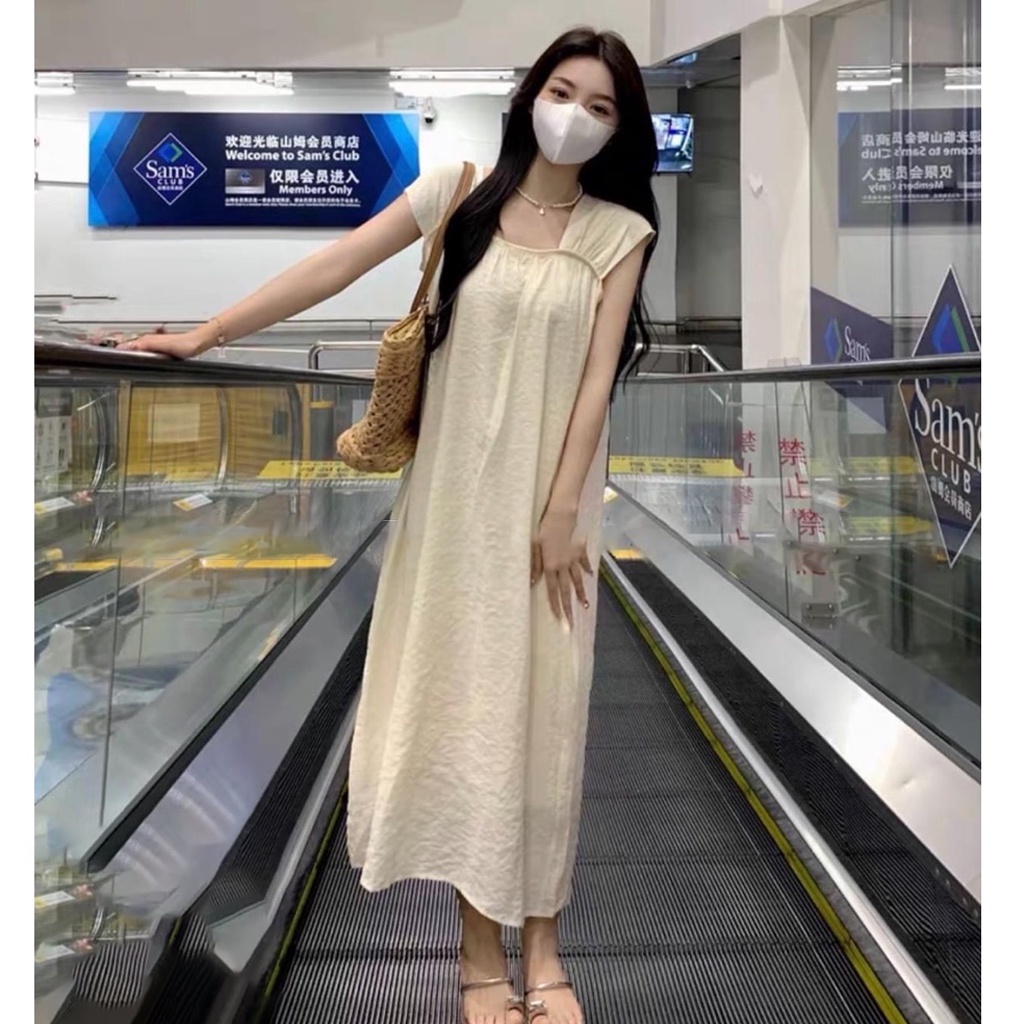 Váy hai dây bản to tay hến vải đũi thấm hút mồ hôi dáng dài maxi 3 màu tôn da, đầm suông tay hến dáng dài