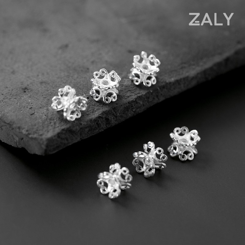 Charm bạc đài hoa đôi 4 cánh uốn, đế ốp hạt 8mm, CC20 - Bạc S925