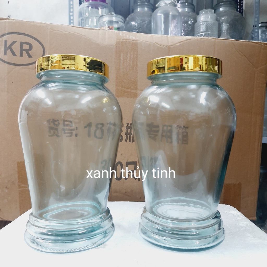Bình thủy tinh nhỏ ngâm sâm, nấm dung tích 1,5l, bình sâm nắp vàng