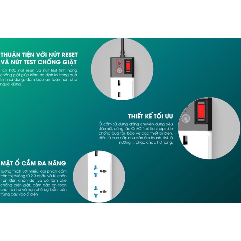 Ổ Cắm Đa Năng USB Chống Giật Rạng Đông. Nguồn 220V, 10A, Công Suất 2500W. Tích Hợp 2 Cổng USB 5V 2A Sạc Cho Điện Thoại