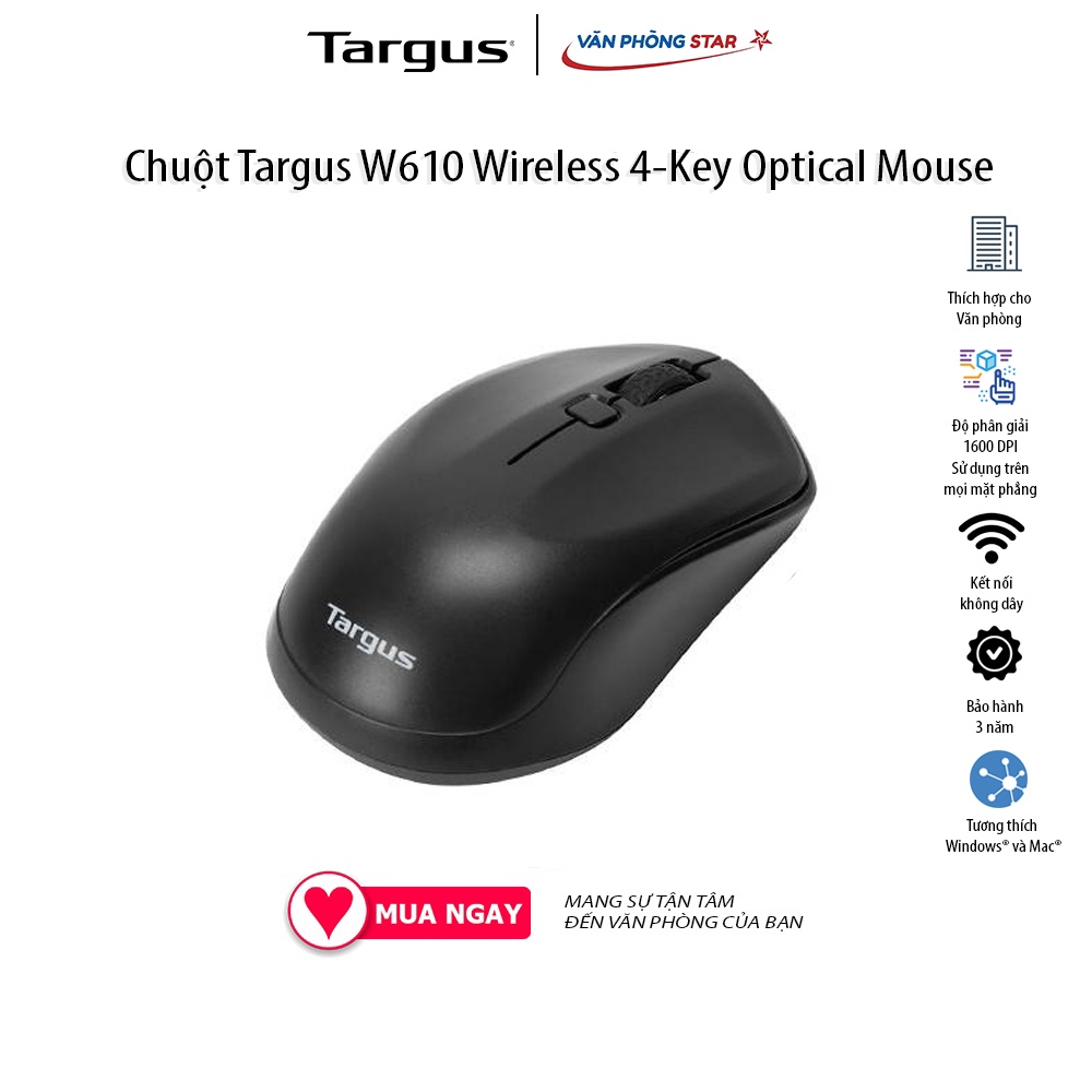 Chuột Không Dây Targus W610 Wireless 4-Key Optical Mouse 1.600 dpi Công nghệ không dây 2,4 GHz bảo hành 3 năm