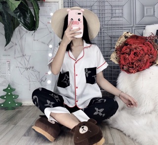 Pijama lụa phối tay ngắn quần dài
