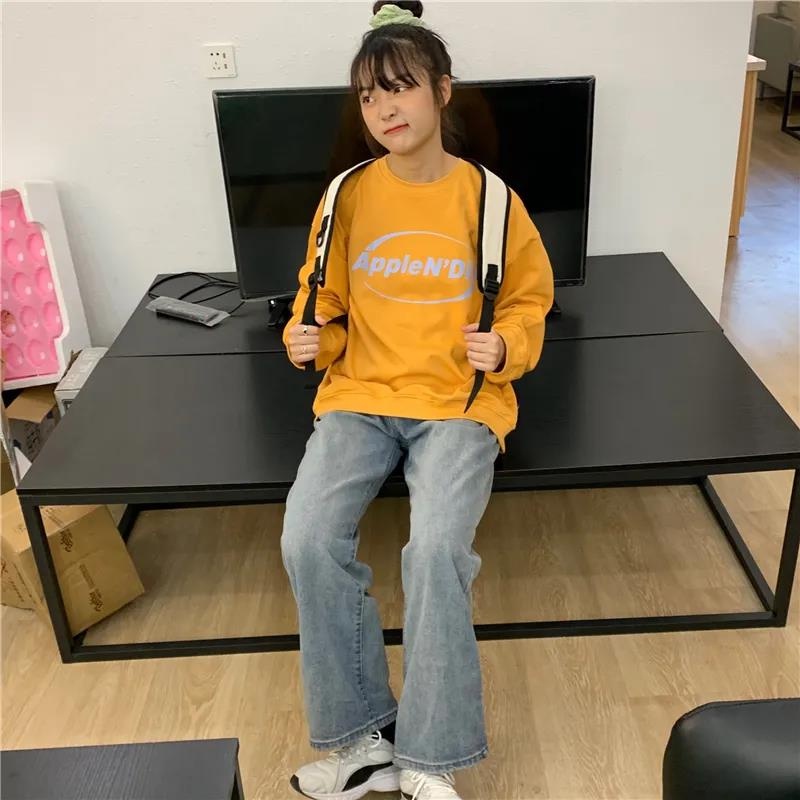 【ZHELIHANGFEI】Áo Thun Nỉ Tay Dài Dáng Rộng In Chữ Trẻ Trung Năng Động Hợp Thời Trang