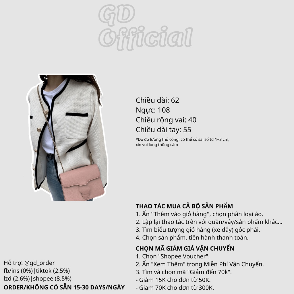 K10|Áo khoác cổ tròn retro có túi nữ dài tay chất tweed màu trắng, đen gd_order