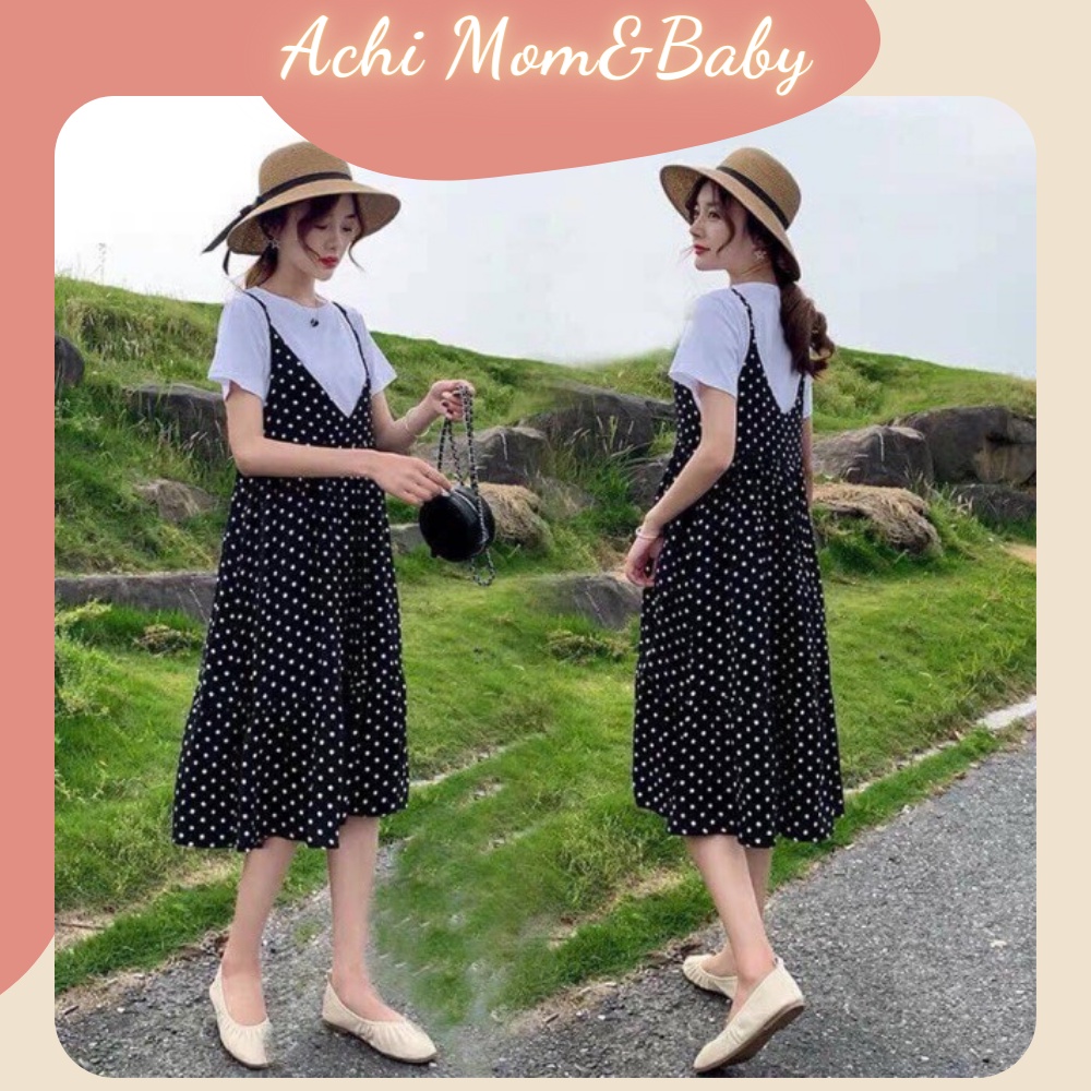 Váy bầu yếm chấm bi dành cho bà bầu hàng đẹp thiết kế - 1 Set bao gồm váy chấm bi và áo trắng.